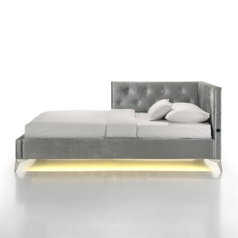 Pemberly Row Contemporary Twin Upholstered Corner Bed with LED and USB in Gray