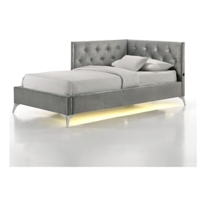 Pemberly Row Contemporary Twin Upholstered Corner Bed with LED and USB in Gray