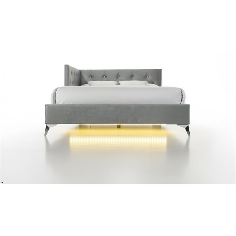 Pemberly Row  Contemporary Full Upholstered Corner Bed with LED and USB in Gray