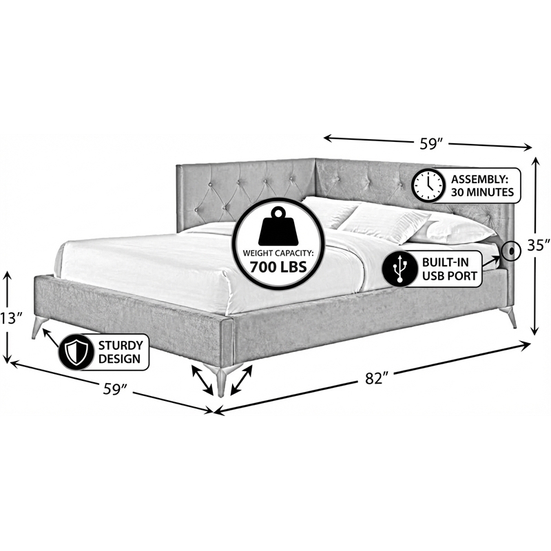 Pemberly Row  Contemporary Full Upholstered Corner Bed with LED and USB in Gray