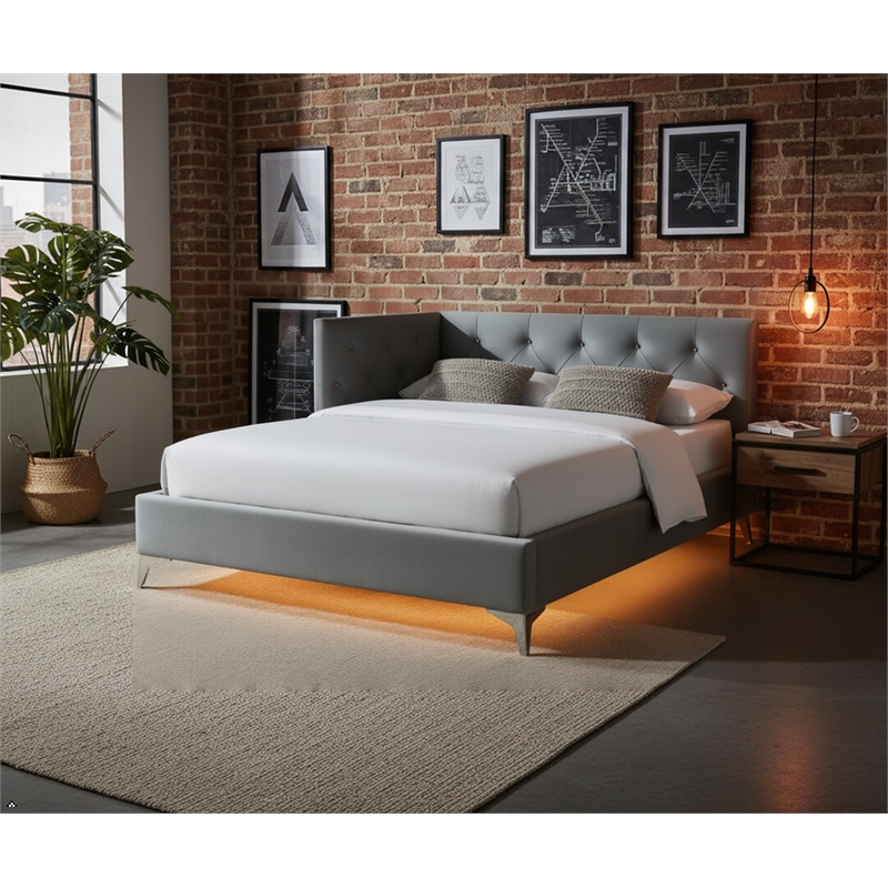 Pemberly Row  Contemporary Full Upholstered Corner Bed with LED and USB in Gray