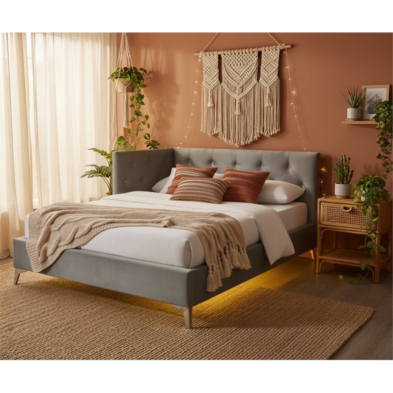 Pemberly Row  Contemporary Full Upholstered Corner Bed with LED and USB in Gray