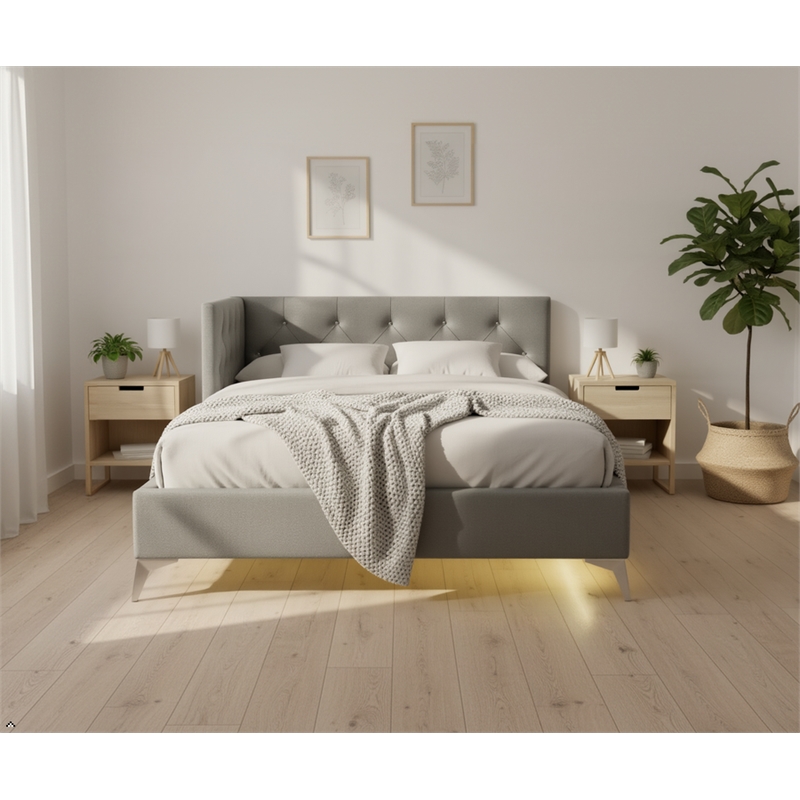 Pemberly Row  Contemporary Full Upholstered Corner Bed with LED and USB in Gray