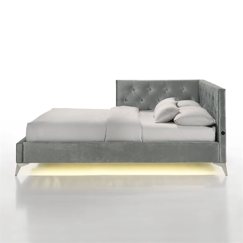 Pemberly Row  Contemporary Full Upholstered Corner Bed with LED and USB in Gray