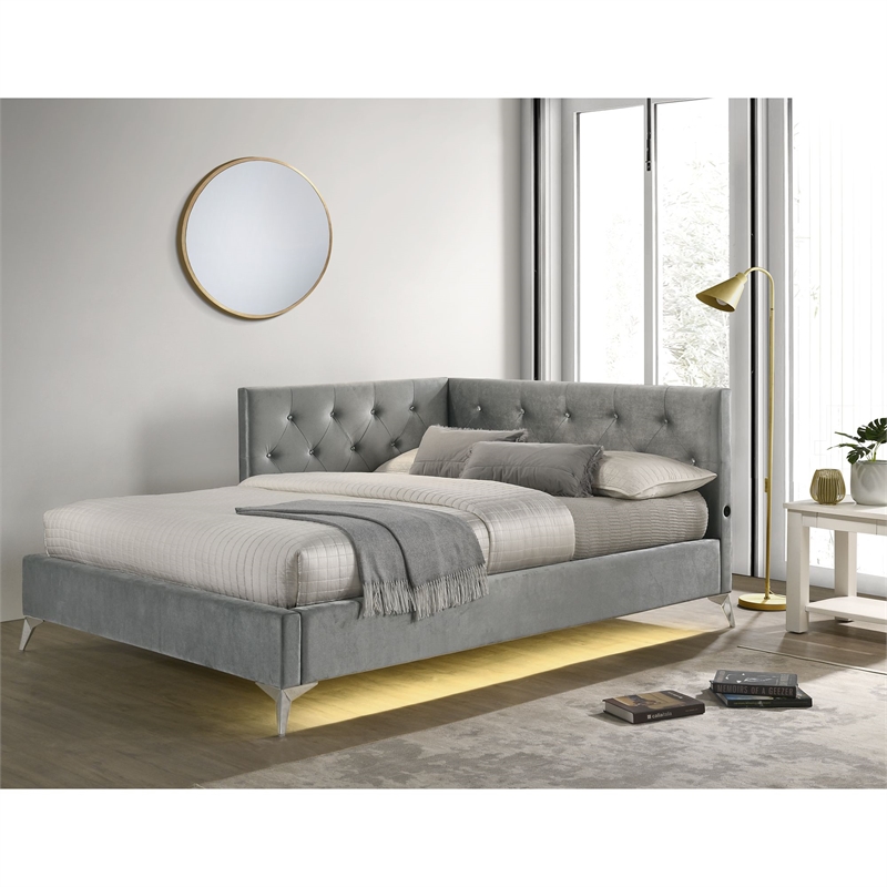 Pemberly Row  Contemporary Full Upholstered Corner Bed with LED and USB in Gray