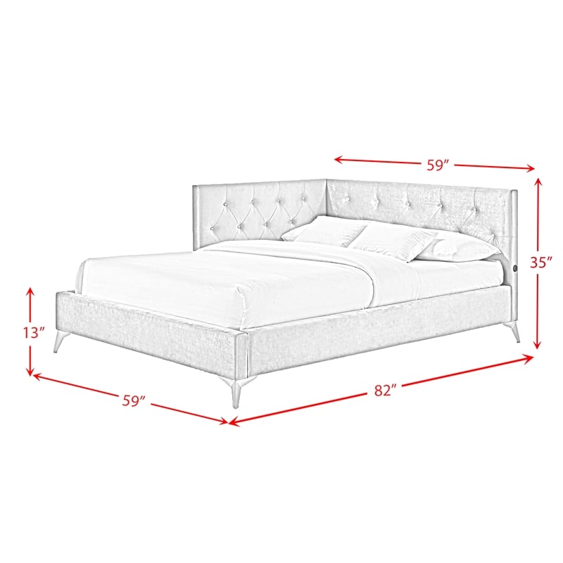 Pemberly Row  Contemporary Full Upholstered Corner Bed with LED and USB in Gray