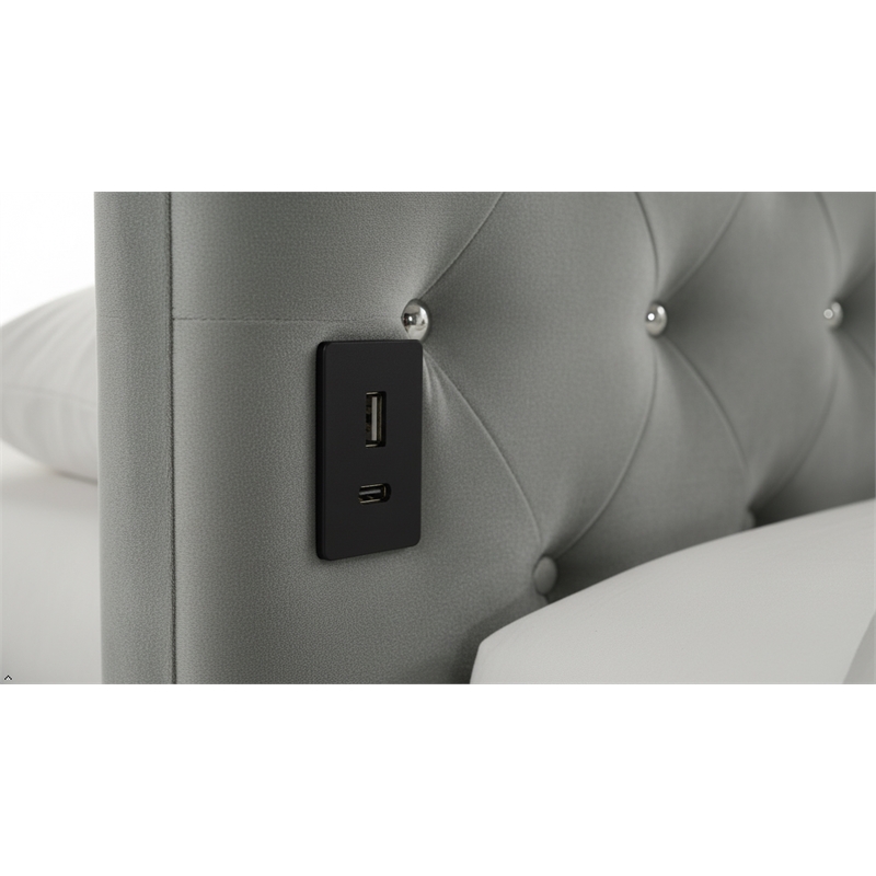 Pemberly Row  Contemporary Full Upholstered Corner Bed with LED and USB in Gray