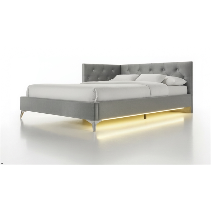Pemberly Row  Contemporary Full Upholstered Corner Bed with LED and USB in Gray
