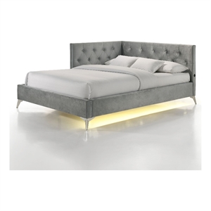 Pemberly Row  Contemporary Full Upholstered Corner Bed with LED and USB in Gray