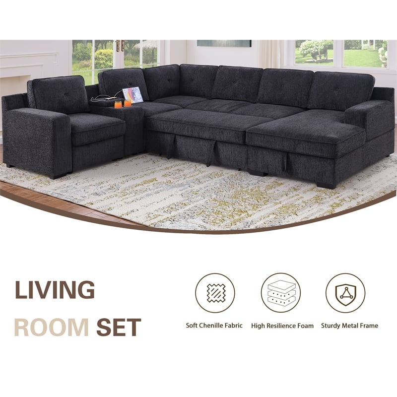 Pemberly Row Chenille Living Room Set Pull Out 6-Seater Sofa Bed in Dark Gray