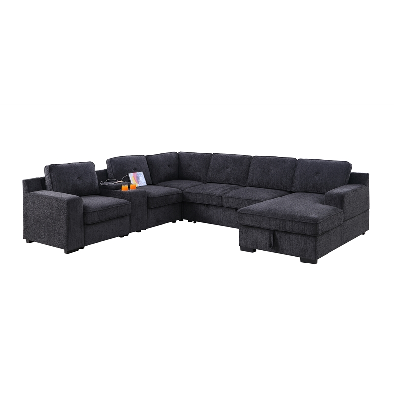Pemberly Row Chenille Living Room Set Pull Out 6-Seater Sofa Bed in Dark Gray