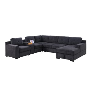 Pemberly Row Chenille Living Room Set Pull Out 6-Seater Sofa Bed in Dark Gray