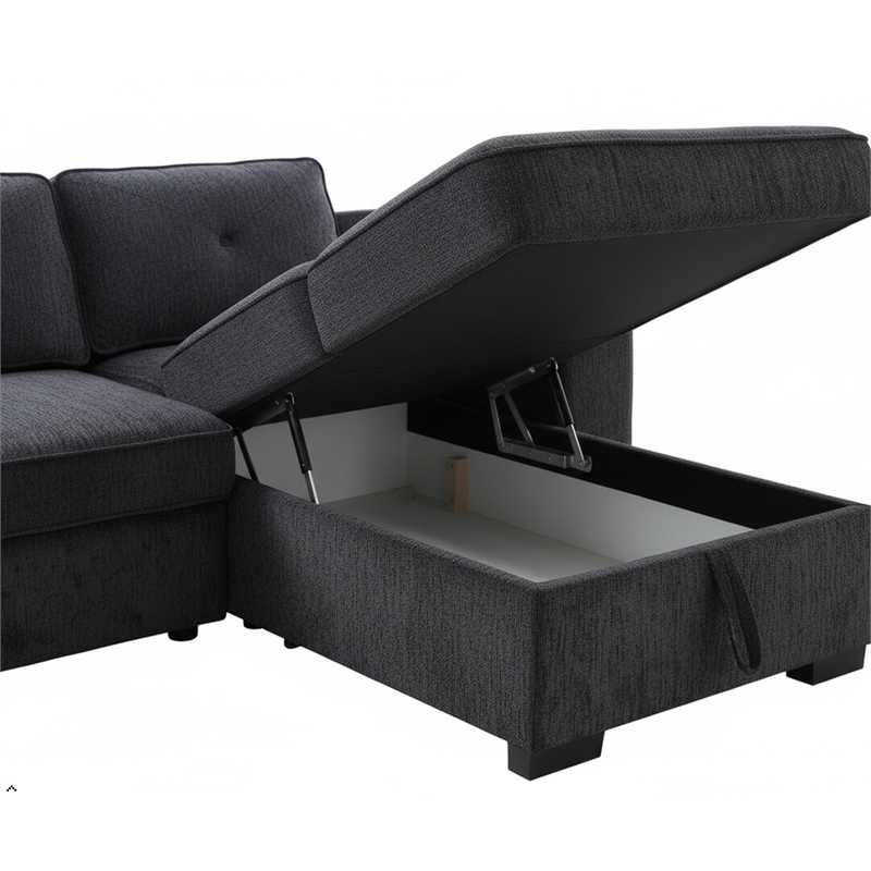 Pemberly Row Chenille Living Room Set Pull Out 6-Seater Sofa Bed in Dark Gray