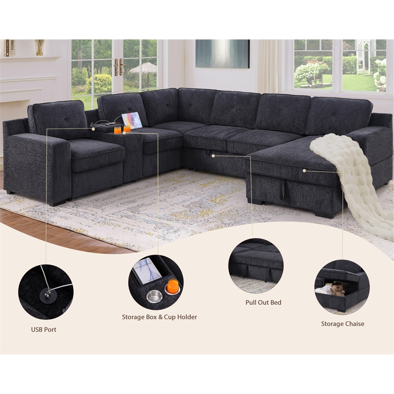 Pemberly Row Chenille Living Room Set Pull Out 6-Seater Sofa Bed in Dark Gray