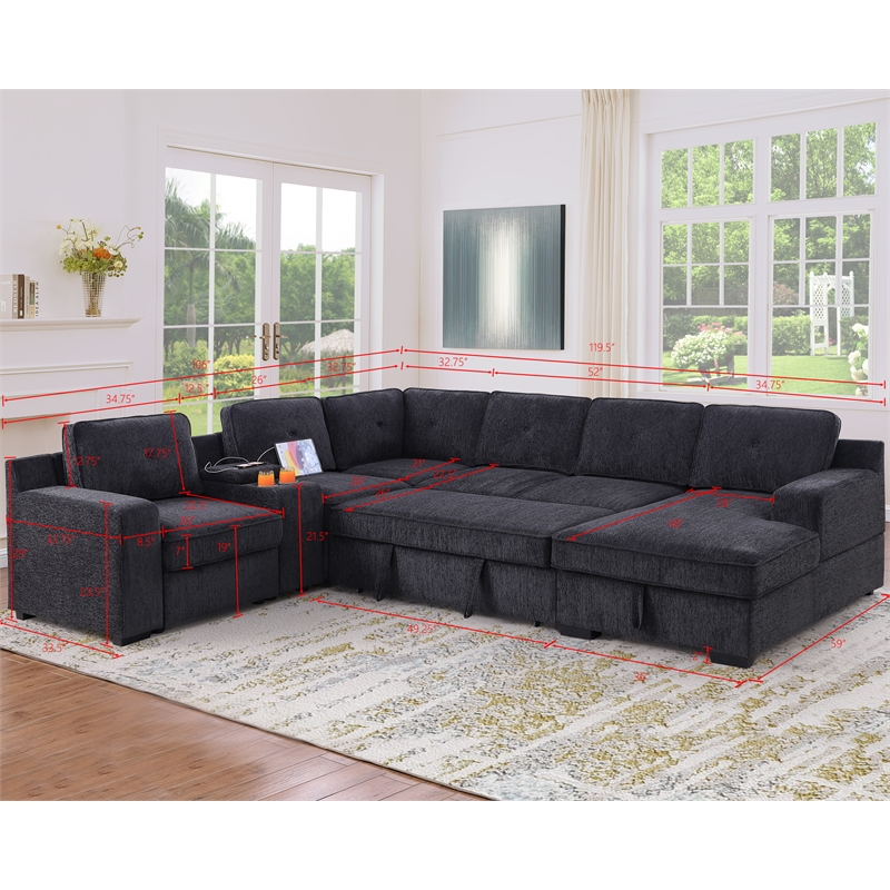 Pemberly Row Chenille Living Room Set Pull Out 6-Seater Sofa Bed in Dark Gray