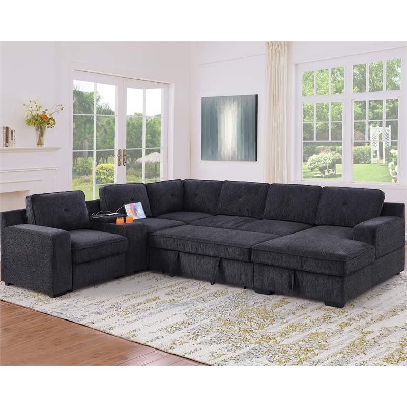 Pemberly Row Chenille Living Room Set Pull Out 6-Seater Sofa Bed in Dark Gray