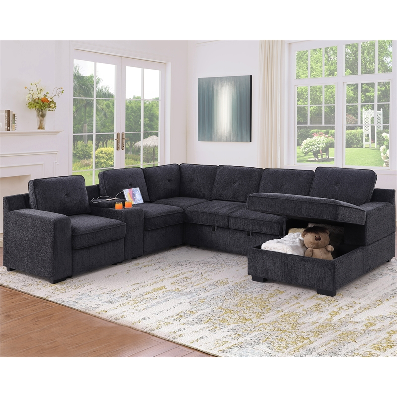 Pemberly Row Chenille Living Room Set Pull Out 6-Seater Sofa Bed in Dark Gray