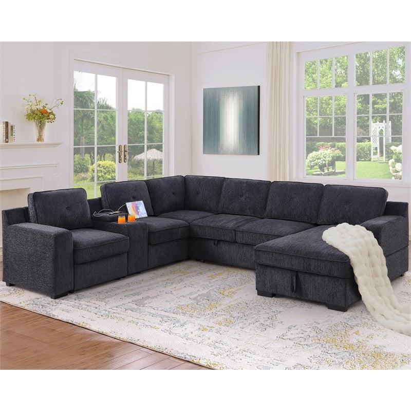 Pemberly Row Chenille Living Room Set Pull Out 6-Seater Sofa Bed in Dark Gray