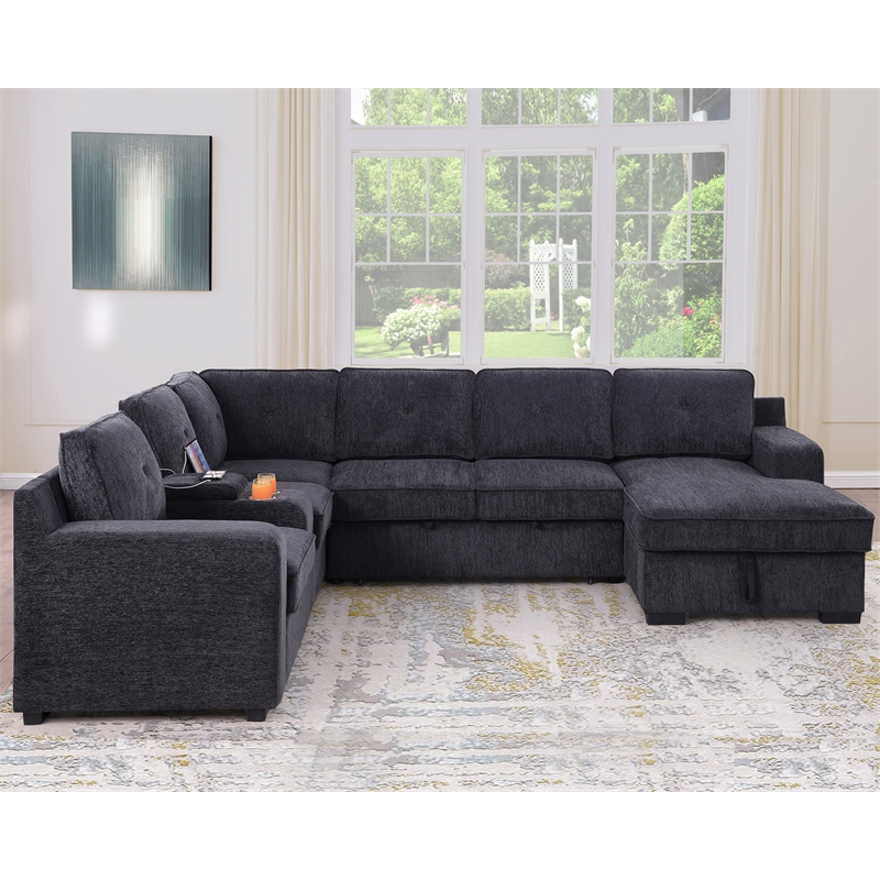 Pemberly Row Chenille Living Room Set Pull Out 6-Seater Sofa Bed in Dark Gray