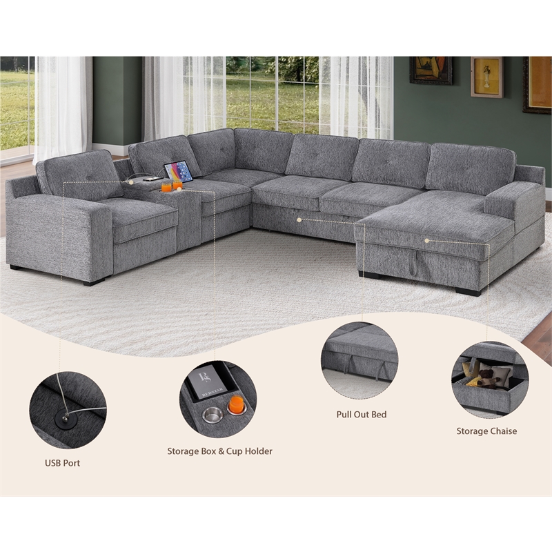 Pemberly Row Chenille Living Room Set Pull Out 6-Seater Sofa Bed in Light Gray