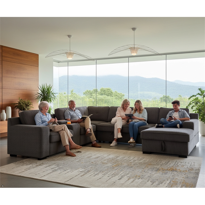 Pemberly Row Chenille Living Room Set Pull Out 6-Seater Sofa Bed in Light Gray