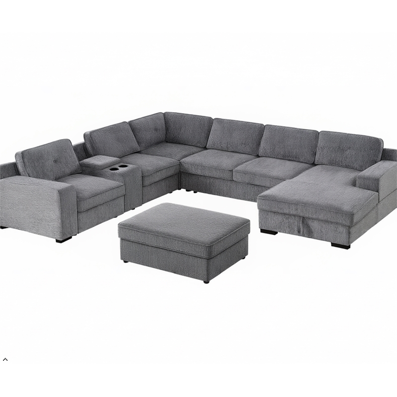 Pemberly Row Chenille Living Room Set Pull Out 6-Seater Sofa Bed in Light Gray