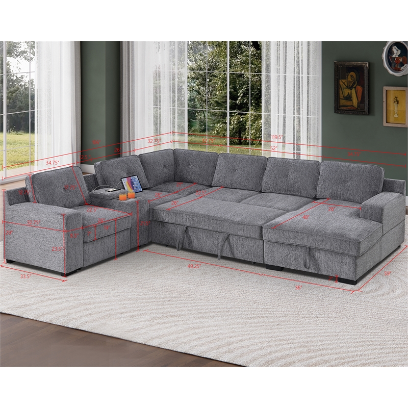 Pemberly Row Chenille Living Room Set Pull Out 6-Seater Sofa Bed in Light Gray
