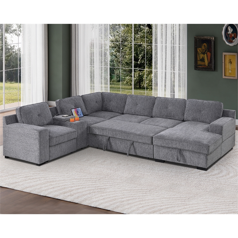 Pemberly Row Chenille Living Room Set Pull Out 6-Seater Sofa Bed in Light Gray