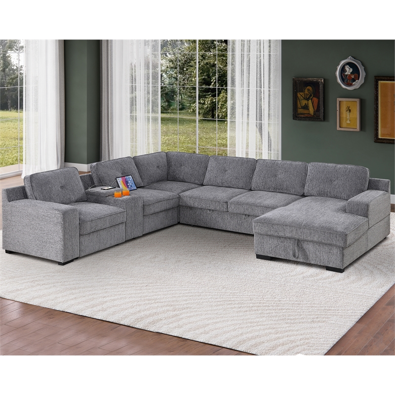 Pemberly Row Chenille Living Room Set Pull Out 6-Seater Sofa Bed in Light Gray