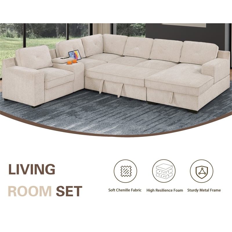 Pemberly Row Chenille Living Room Set Pull Out 6-Seater Sofa Bed in Beige