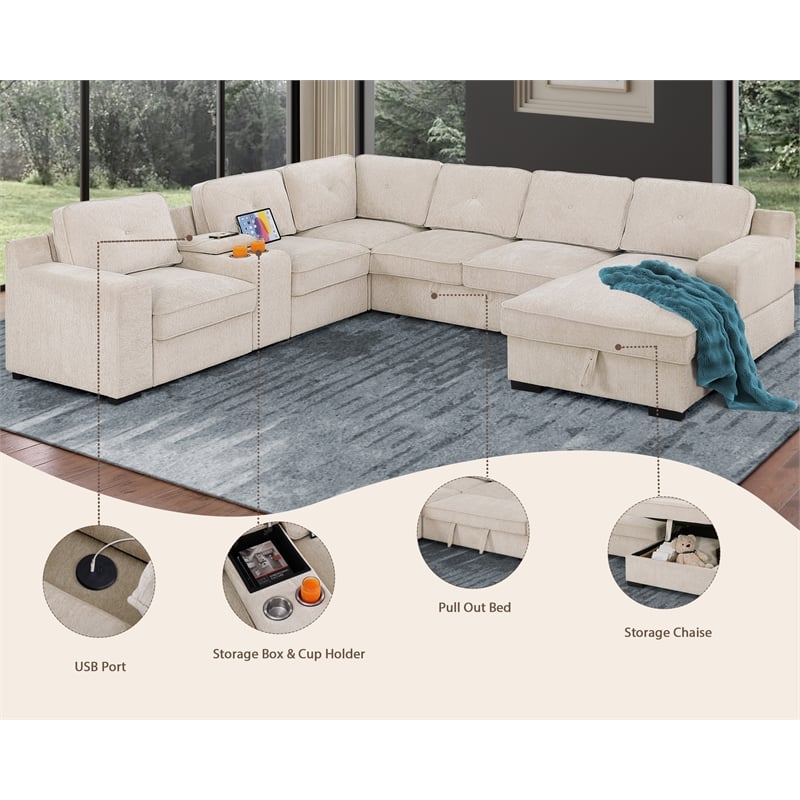 Pemberly Row Chenille Living Room Set Pull Out 6-Seater Sofa Bed in Beige