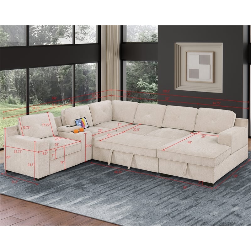 Pemberly Row Chenille Living Room Set Pull Out 6-Seater Sofa Bed in Beige