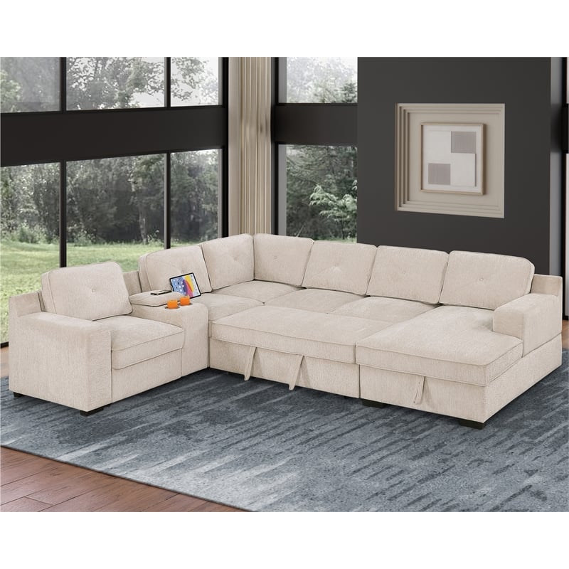 Pemberly Row Chenille Living Room Set Pull Out 6-Seater Sofa Bed in Beige