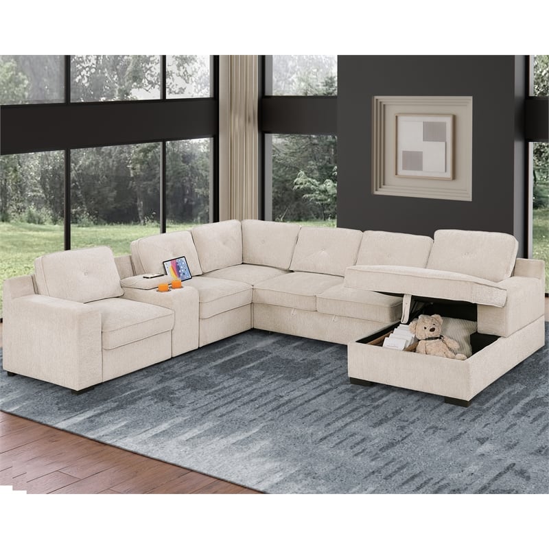 Pemberly Row Chenille Living Room Set Pull Out 6-Seater Sofa Bed in Beige