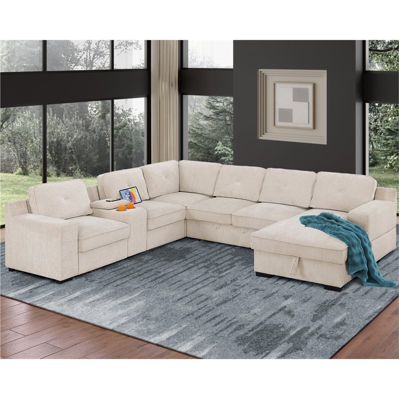 Pemberly Row Chenille Living Room Set Pull Out 6-Seater Sofa Bed in Beige