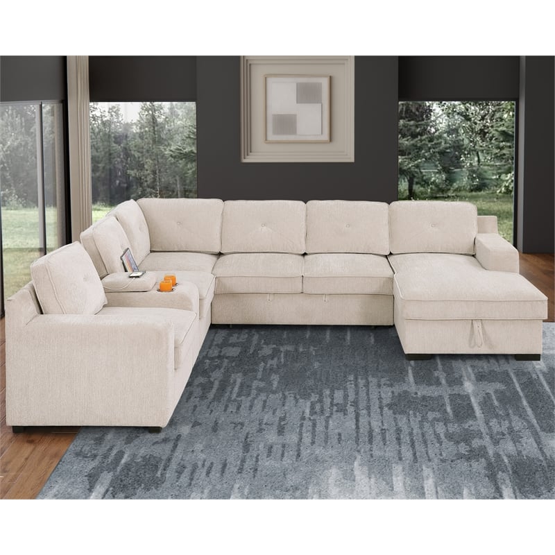 Pemberly Row Chenille Living Room Set Pull Out 6-Seater Sofa Bed in Beige