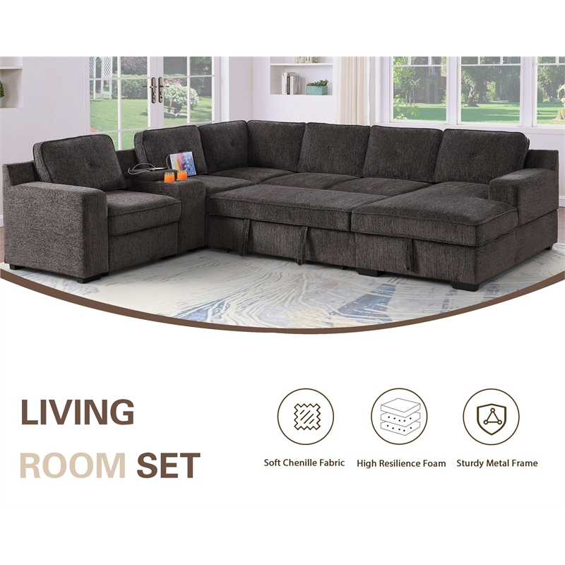 Pemberly Row Chenille Living Room Set Pull Out 6-Seater Sofa Bed in Brown