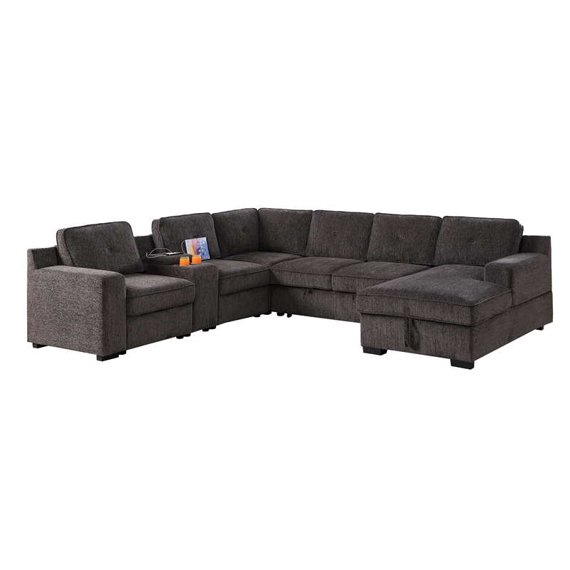 Pemberly Row Chenille Living Room Set Pull Out 6-Seater Sofa Bed in Brown