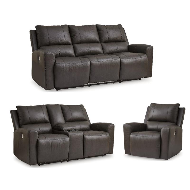 Pemberly Row Set of 3 Recliner, Sofa, & Loveseat with Console in Brown