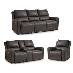 Pemberly Row Set of 3 Recliner, Sofa, & Loveseat with Console in Brown