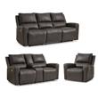 Pemberly Row Set of 3 Recliner, Sofa, & Loveseat with Console in Brown