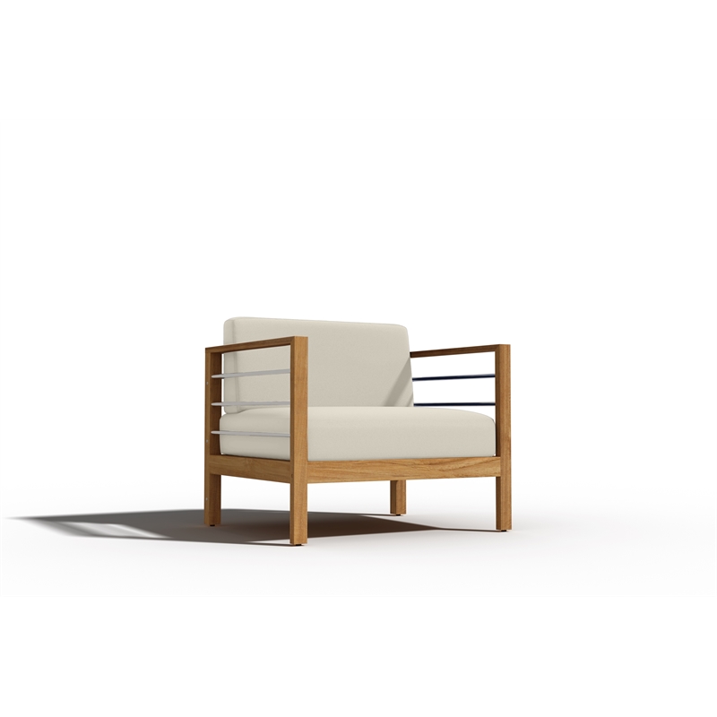 Pemberly Row Modern Teak Outdoor Club Chair with Canvas Cushion in Beige