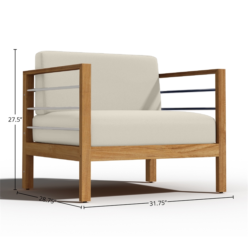 Pemberly Row Modern Teak Outdoor Club Chair with Canvas Cushion in Beige