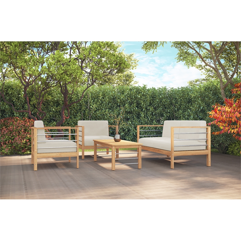 Pemberly Row Modern Teak Outdoor Club Chair with Canvas Cushion in Beige