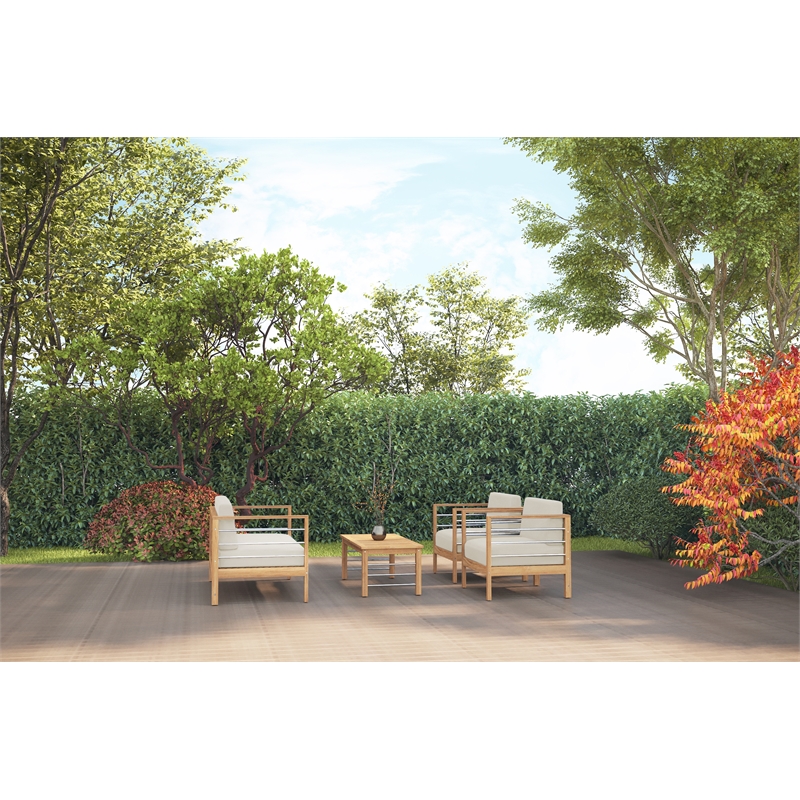 Pemberly Row Modern Teak Outdoor Club Chair with Canvas Cushion in Beige