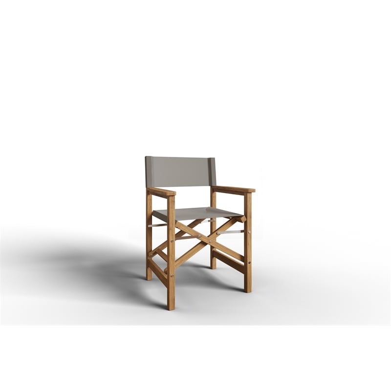 Pemberly Row Modern Teak Outdoor Folding Armchair Taupe Dura-Sling Fabric