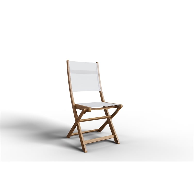 Pemberly Row Modern Teak Outdoor Folding Chair in White Dura-Sling Fabric