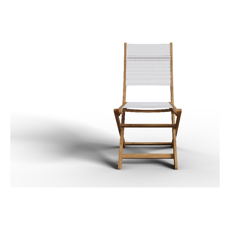Pemberly Row Modern Teak Outdoor Folding Chair in White Dura-Sling Fabric
