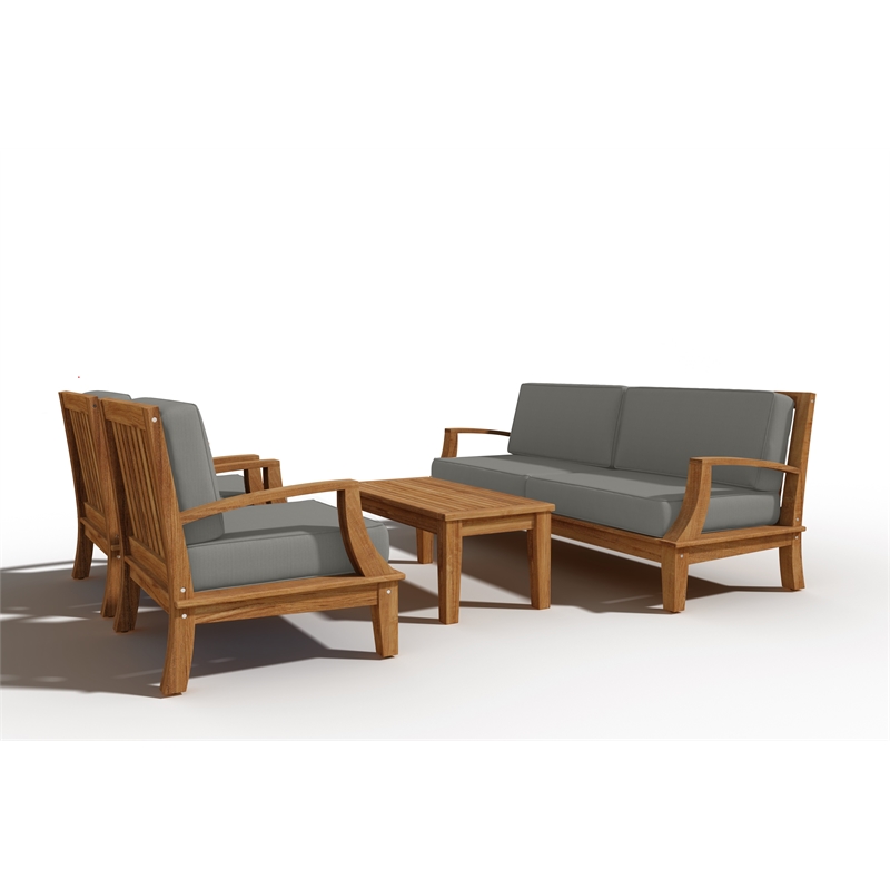 Pemberly Row Traditional Teak Club Chair with Charcoal Cushion in Tan
