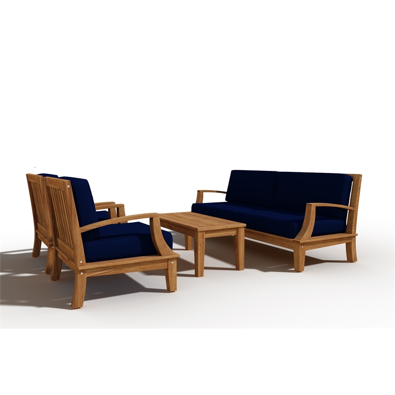 Pemberly Row Traditional Teak Deep Seating Outdoor Sofa with Cushion in Navy